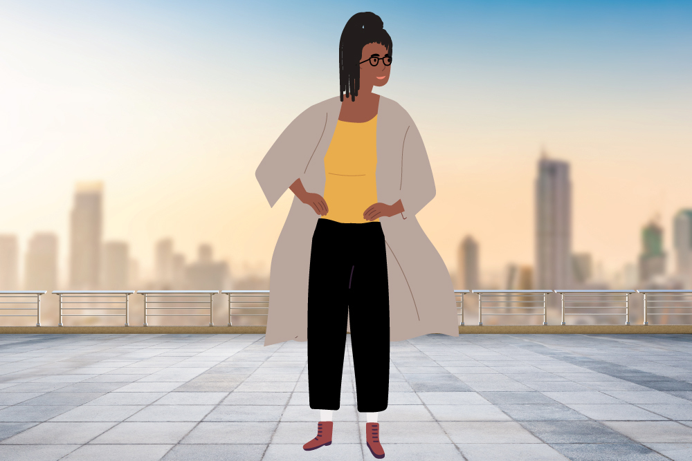 Illustrated image of a woman standing in front of a cityscape with her hands on her hips. She looks confident.